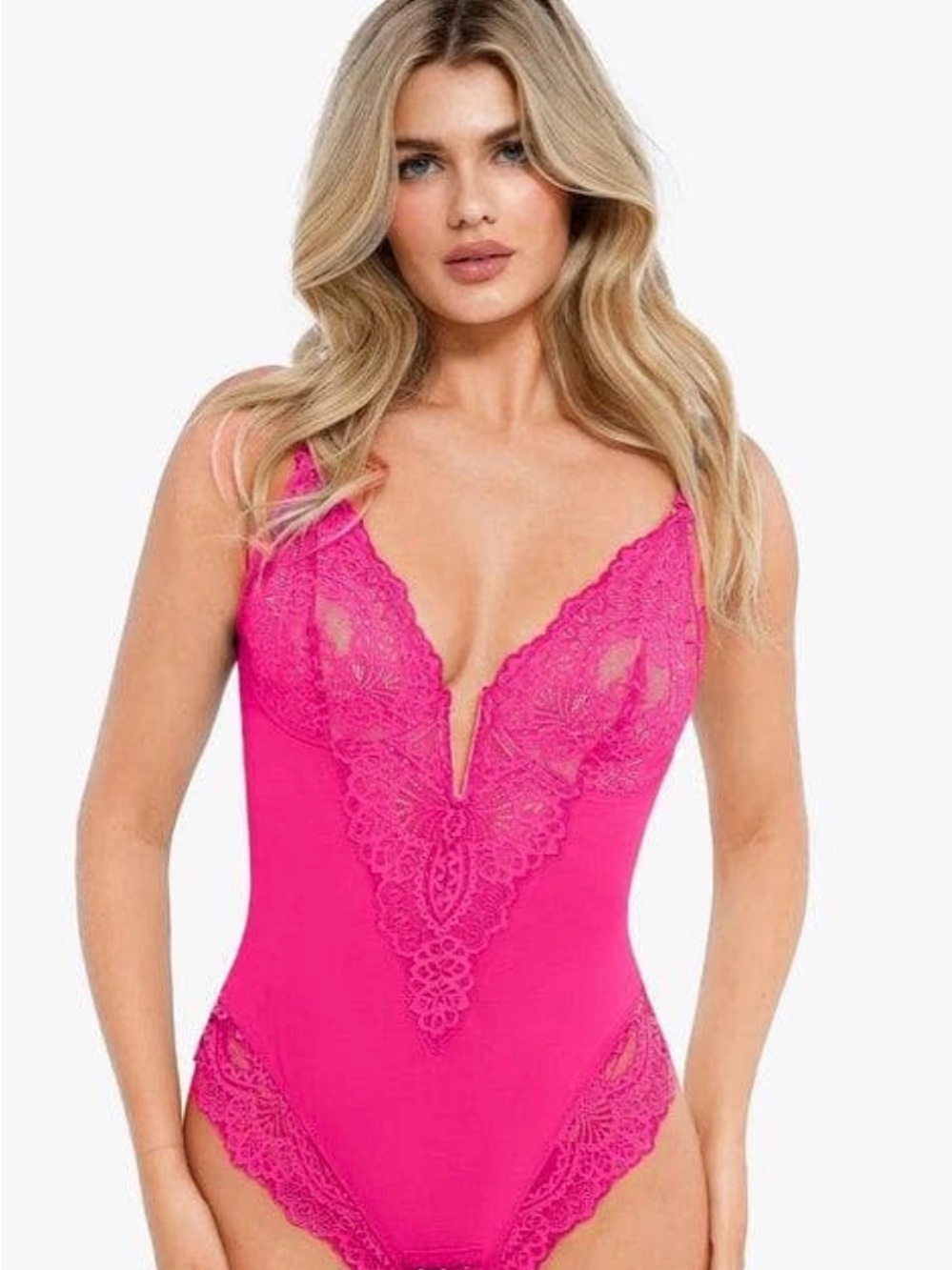 Popilush Shapewear Lace Sculpting Thong Bodysuit in Hibiscus Pink NWT Size Small